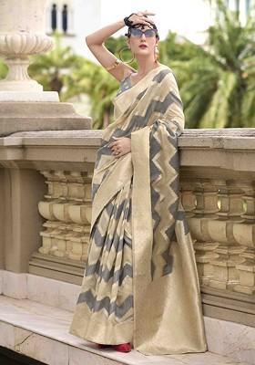 Grey Embroidered Poly Blend Sarees