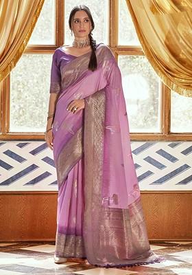 Pink Embroidered Poly Blend Sarees