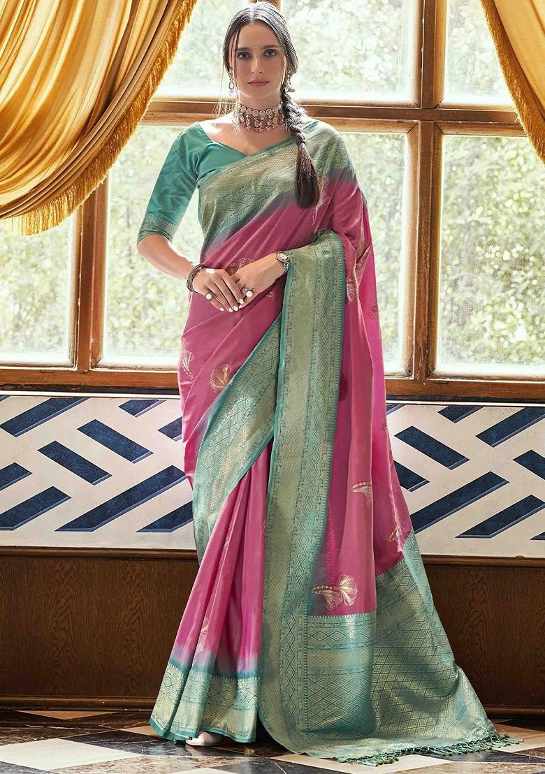 Pink Embroidered Poly Blend Sarees