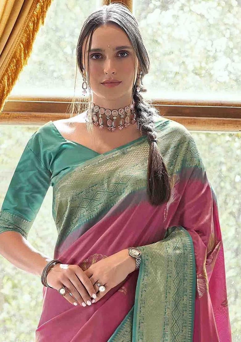 Pink Embroidered Poly Blend Sarees