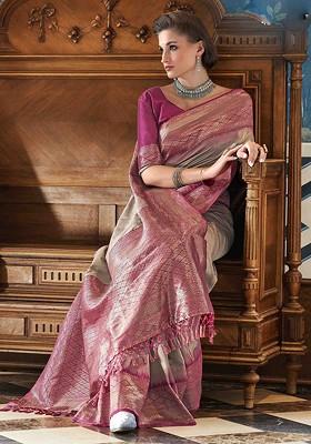 Grey Embroidered Poly Blend Sarees