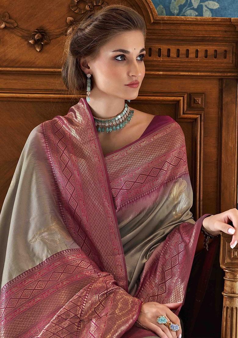 Grey Embroidered Poly Blend Sarees