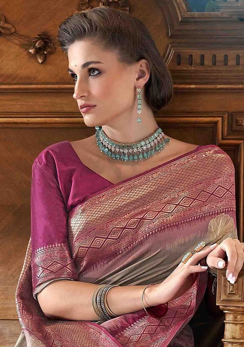 Grey Embroidered Poly Blend Sarees
