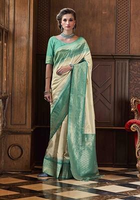 Beige Embroidered Poly Blend Sarees