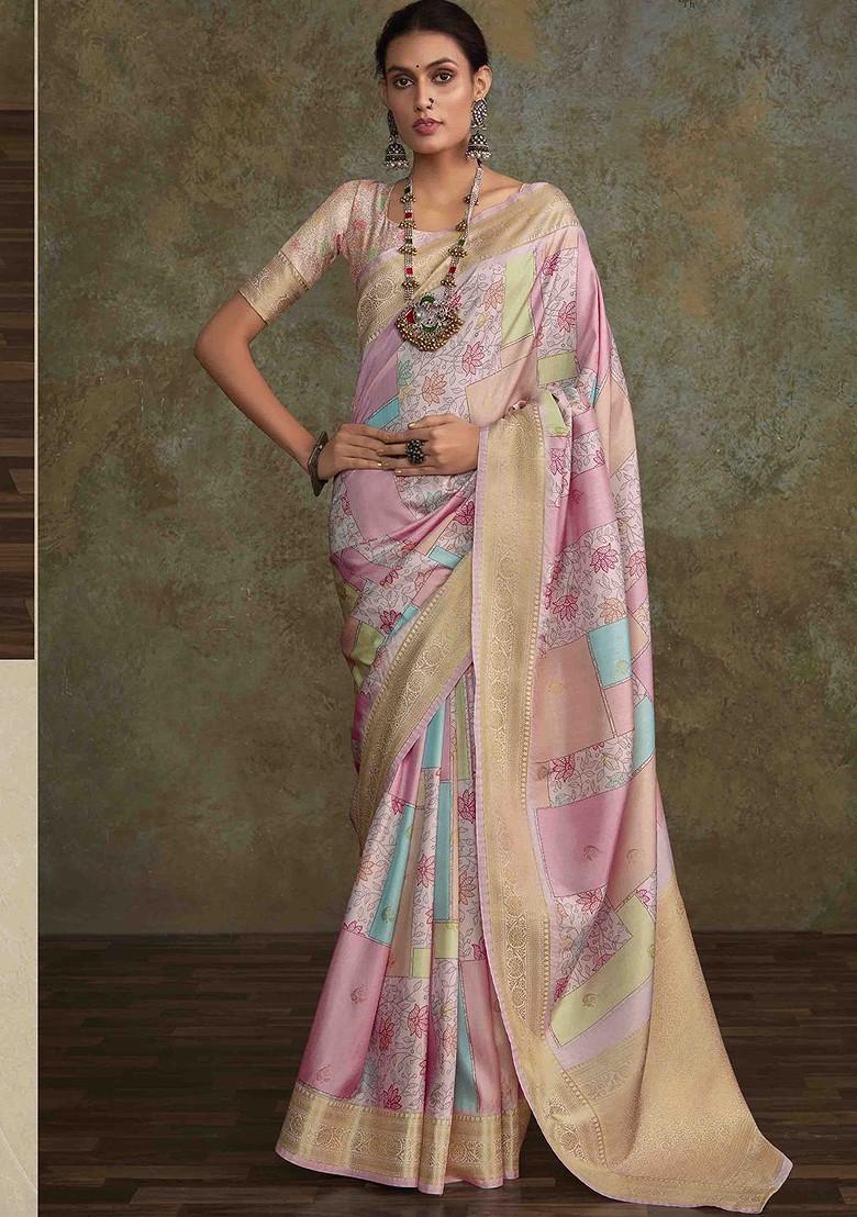 Pink Embroidered Poly Blend Sarees