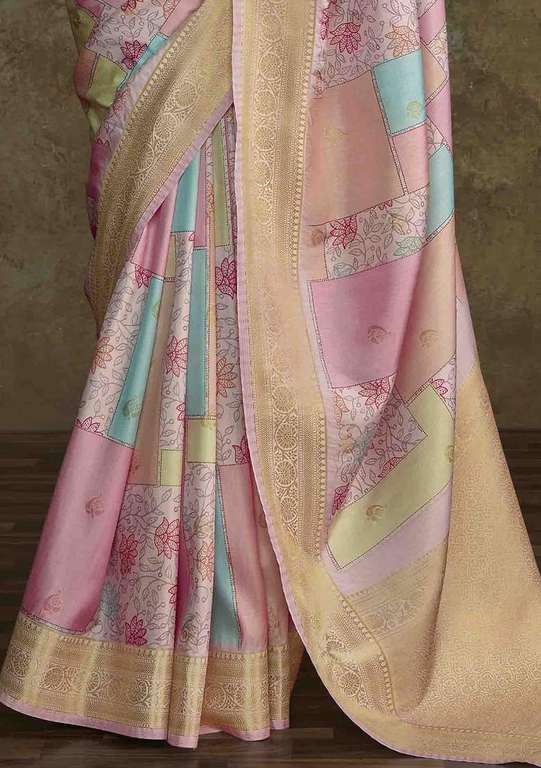 Pink Embroidered Poly Blend Sarees