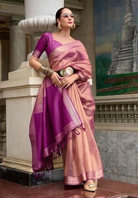 Peach Embroidered Poly Blend Sarees