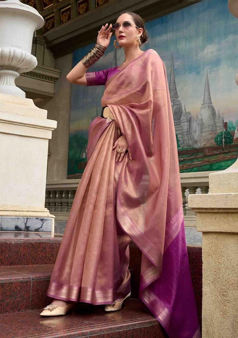 Peach Embroidered Poly Blend Sarees