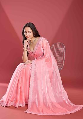 Peach Embroidered Poly Blend Sarees