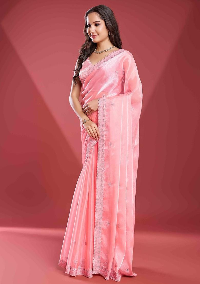 Peach Embroidered Poly Blend Sarees