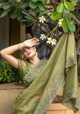 Olive Green Embroidered Poly Blend Sarees