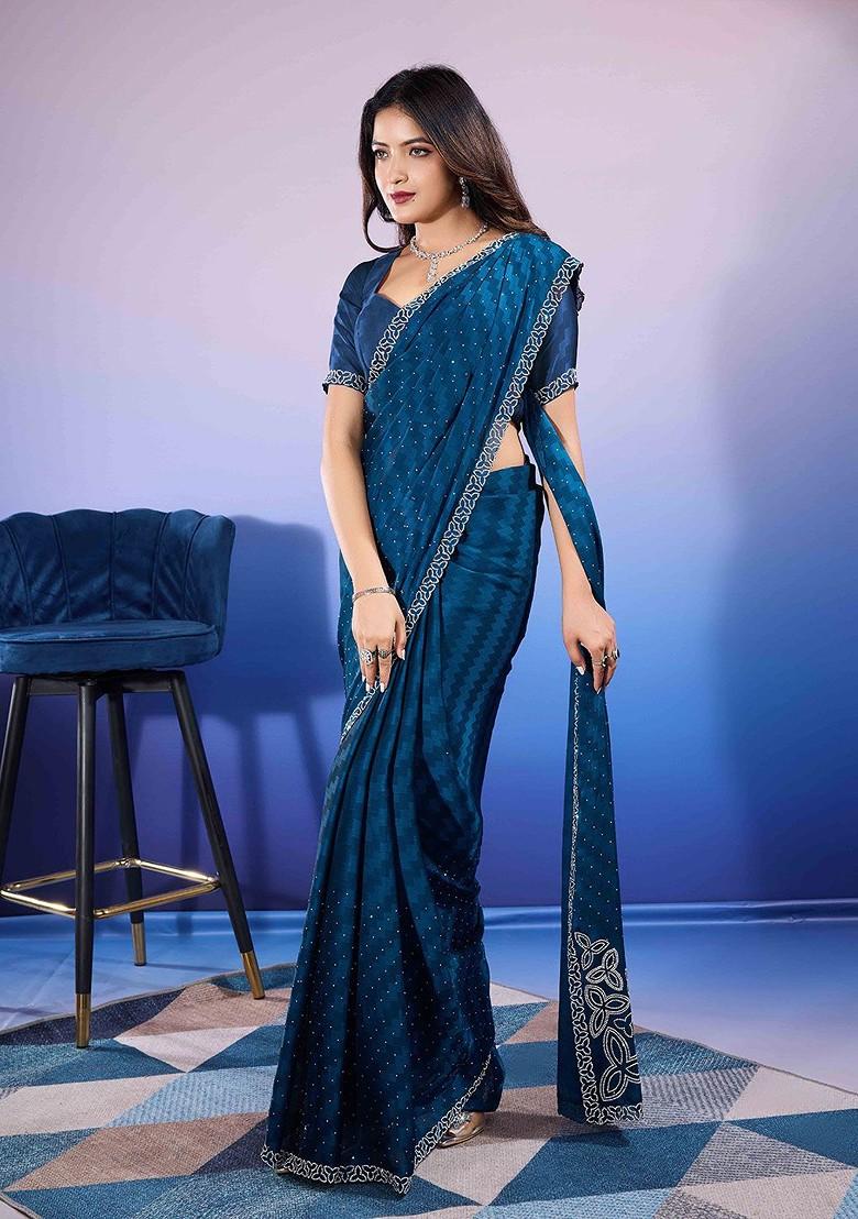 Blue Embroidered Poly Blend Sarees