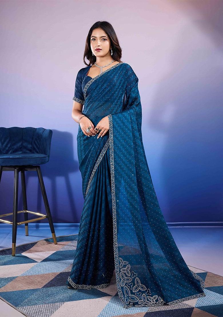 Blue Embroidered Poly Blend Sarees