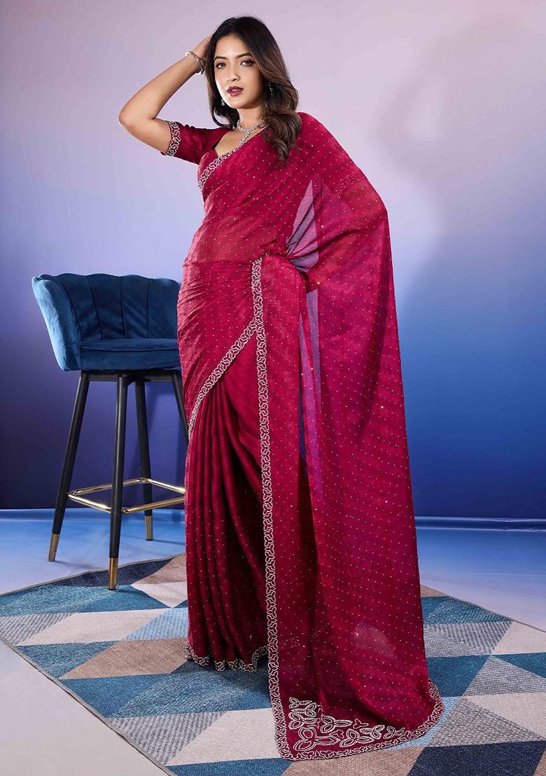 Pink Embroidered Poly Blend Sarees