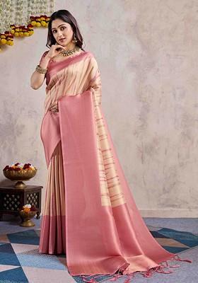 Pink Embroidered Poly Blend Sarees