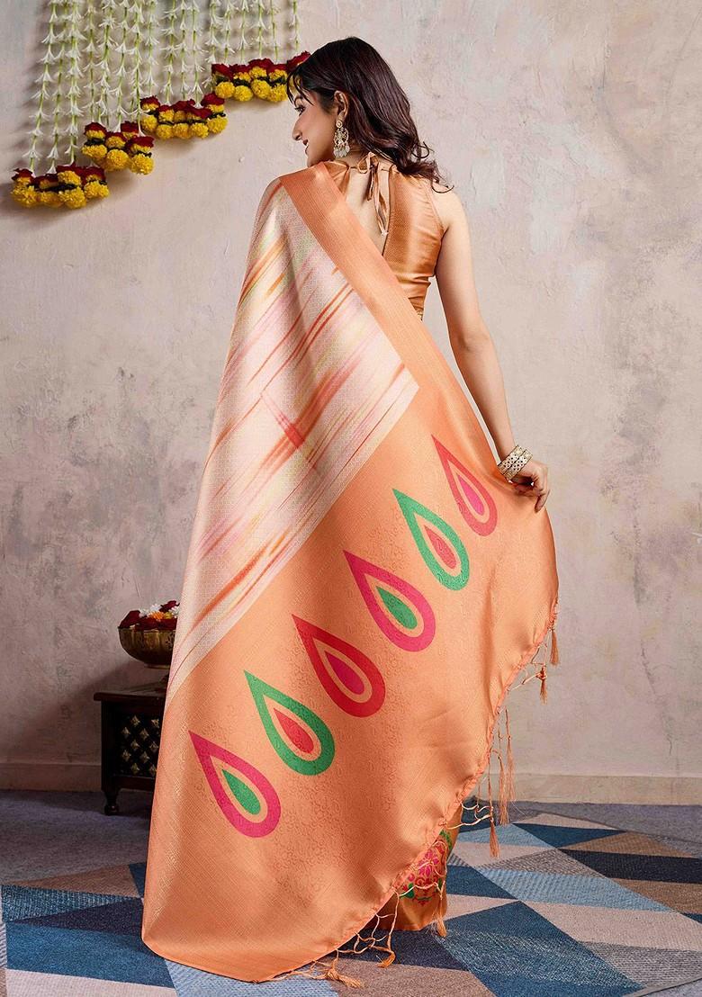 Orange Embroidered Poly Blend Sarees