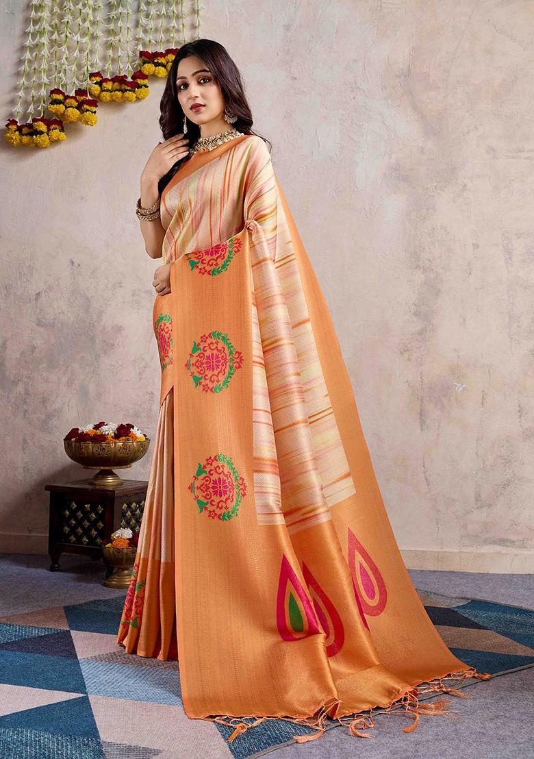 Orange Embroidered Poly Blend Sarees
