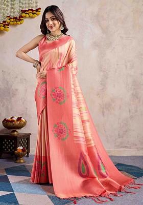 Peach Embroidered Poly Blend Sarees