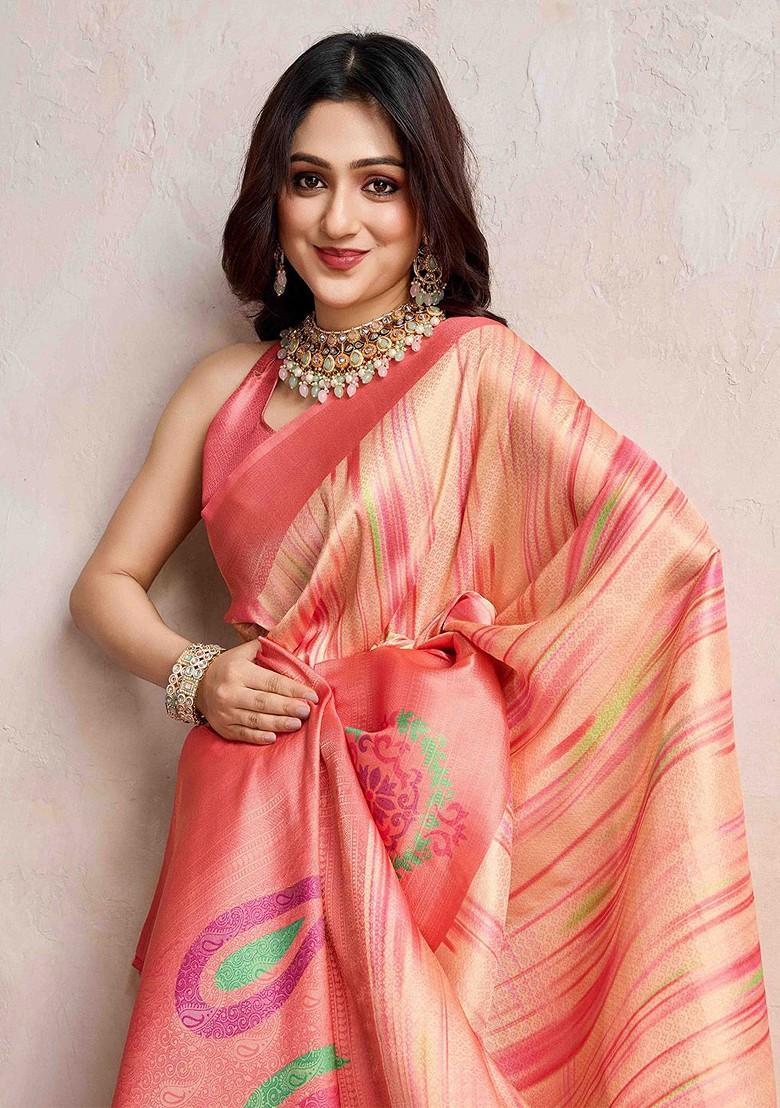 Peach Embroidered Poly Blend Sarees