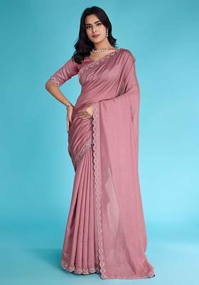 Pink Embroidered Poly Blend Sarees