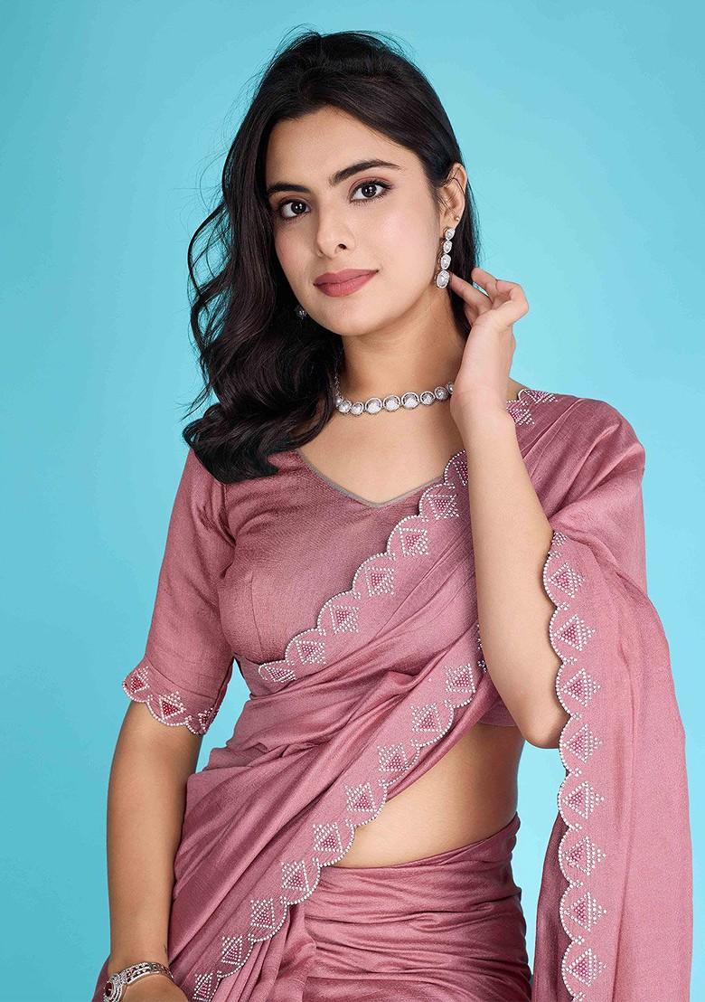 Pink Embroidered Poly Blend Sarees