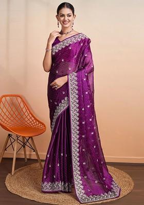 Purple Organza Poly Blend Sarees