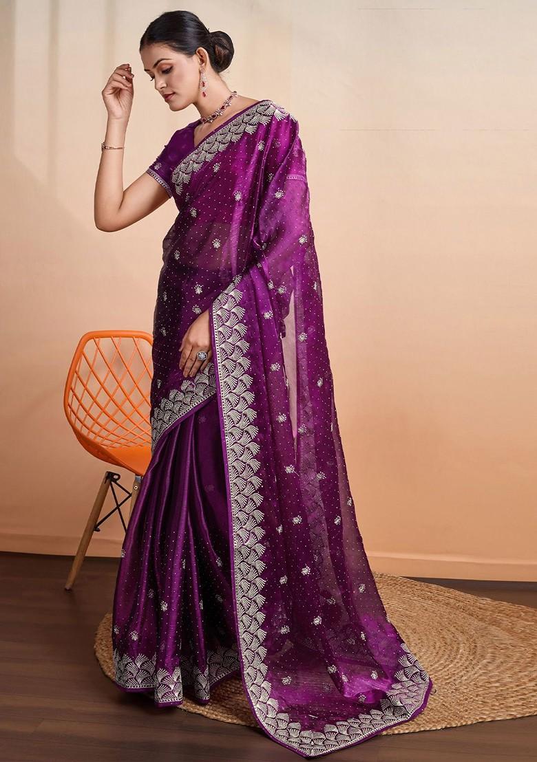 Purple Organza Poly Blend Sarees