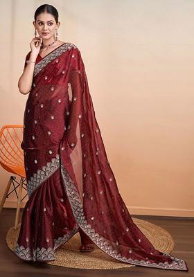 Maroon Organza Poly Blend Sarees