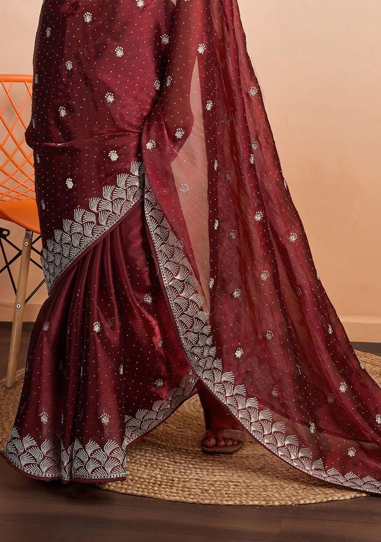 Maroon Organza Poly Blend Sarees