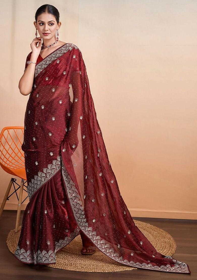 Maroon Organza Poly Blend Sarees