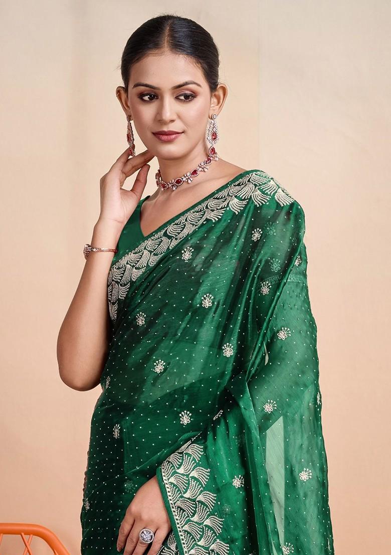 Green Organza Poly Blend Sarees