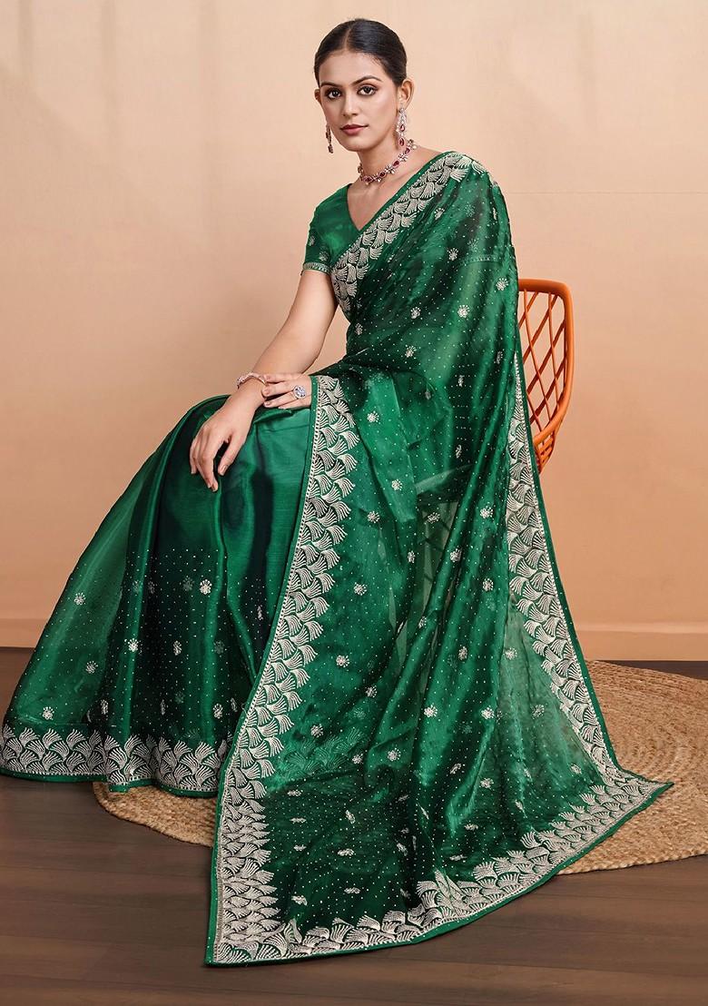 Green Organza Poly Blend Sarees