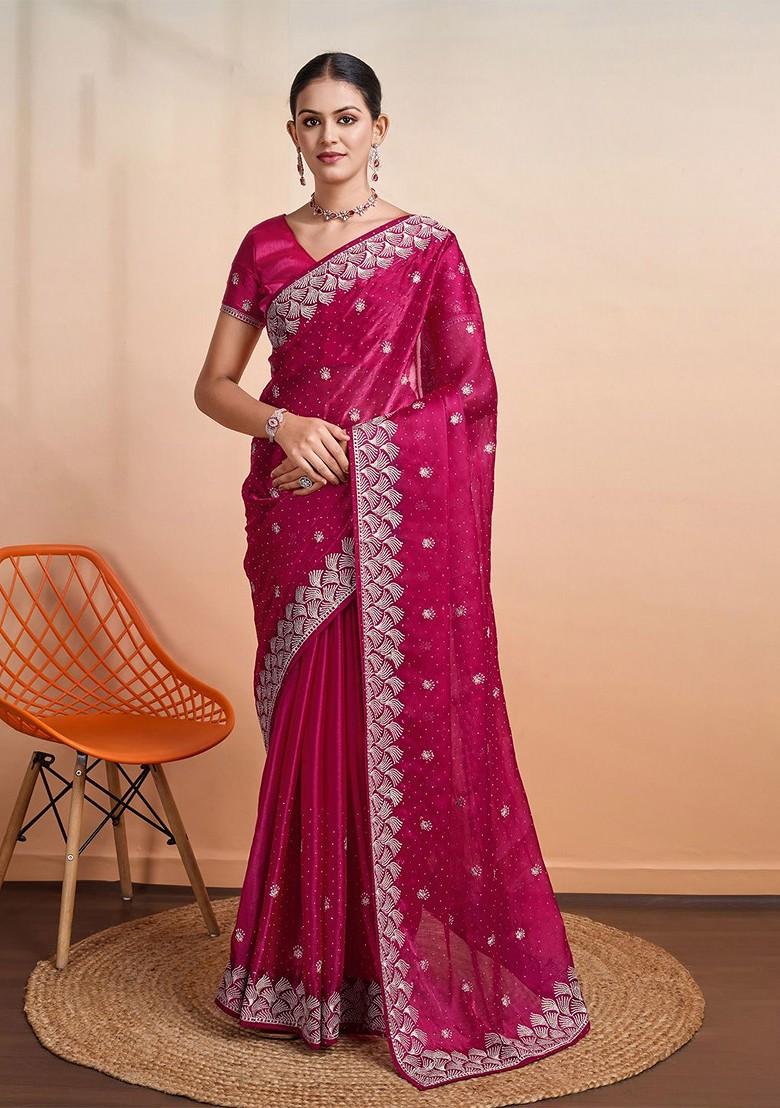 Pink Organza Poly Blend Sarees