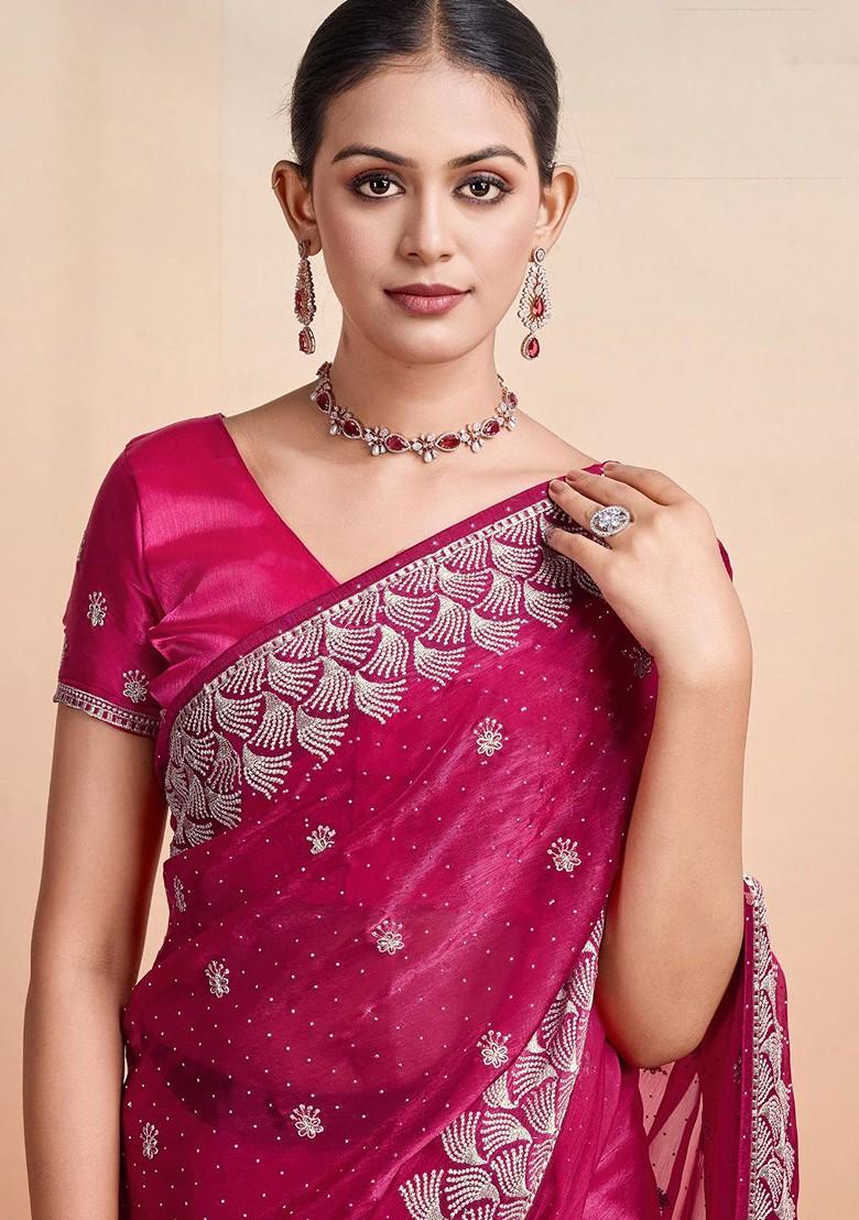 Pink Organza Poly Blend Sarees