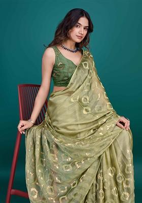 Olive Green Embroidered Poly Blend Sarees