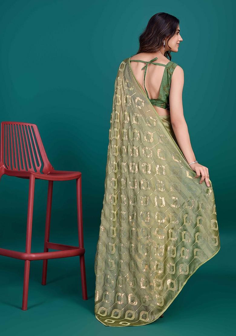 Olive Green Embroidered Poly Blend Sarees