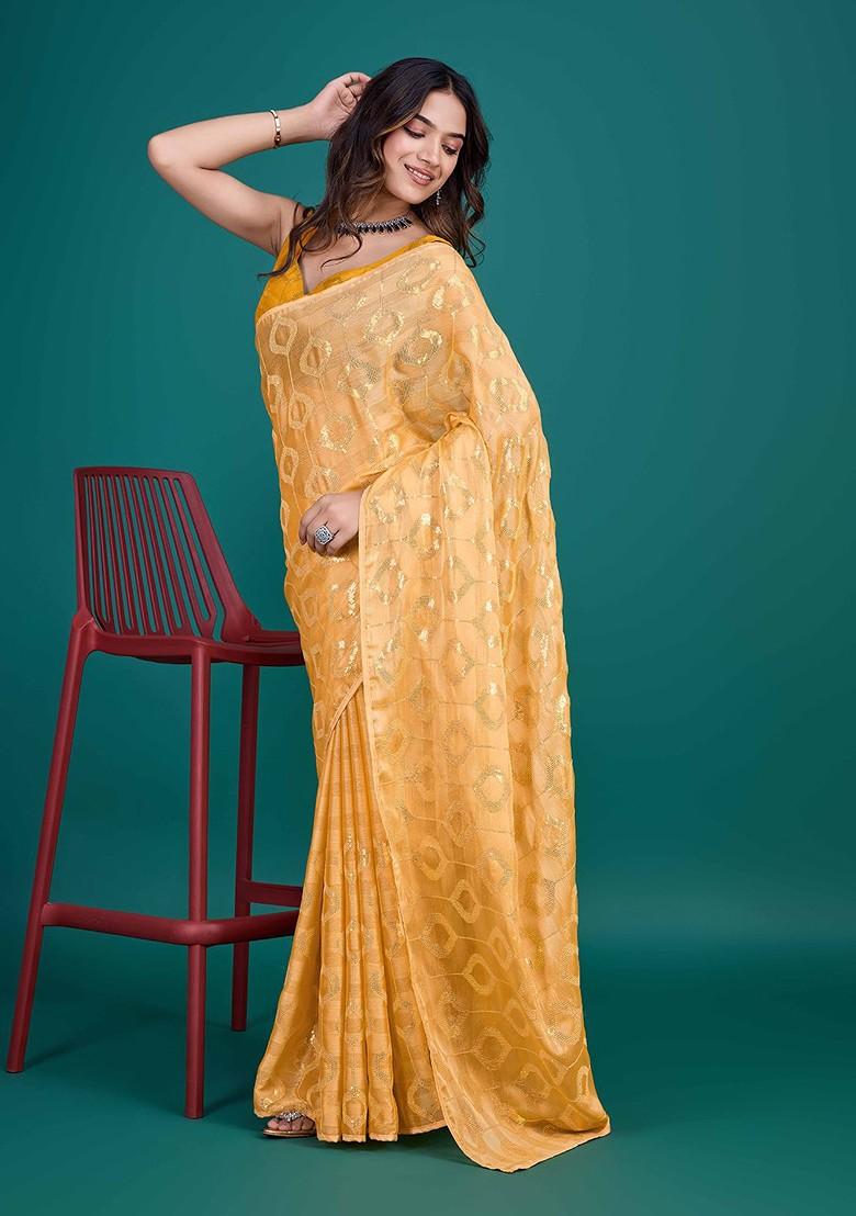 Yellow Embroidered Poly Blend Sarees