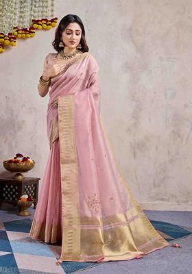 Pink Embroidered Poly Blend Sarees