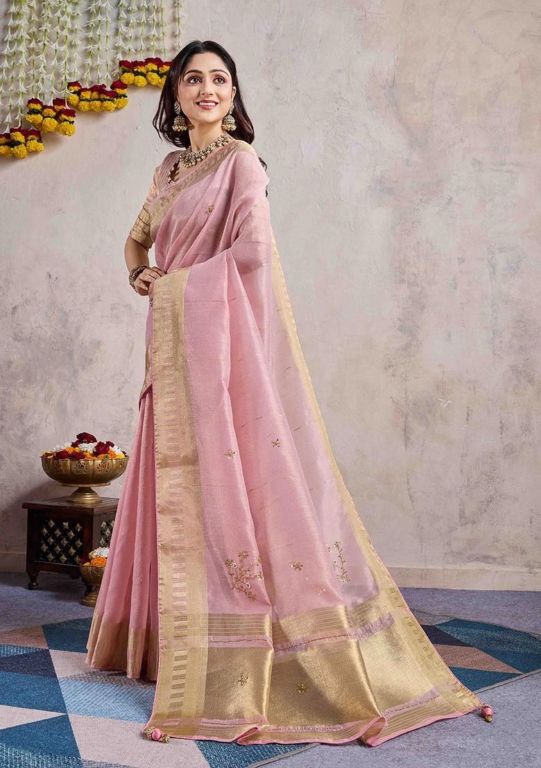 Pink Embroidered Poly Blend Sarees