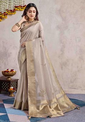 Grey Embroidered Poly Blend Sarees