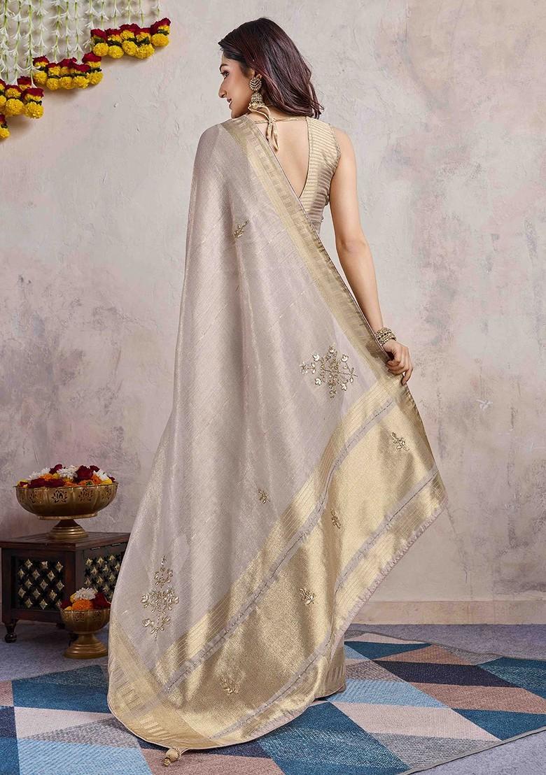 Grey Embroidered Poly Blend Sarees