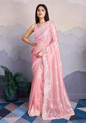 Pink Embroidered Poly Blend Sarees