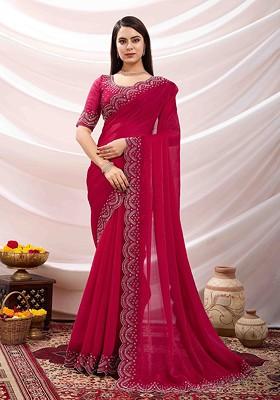 Pink Embroidered Poly Blend Sarees