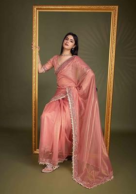 Peach Embroidered Poly Blend Sarees
