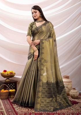 Grey Embroidered Poly Blend Sarees