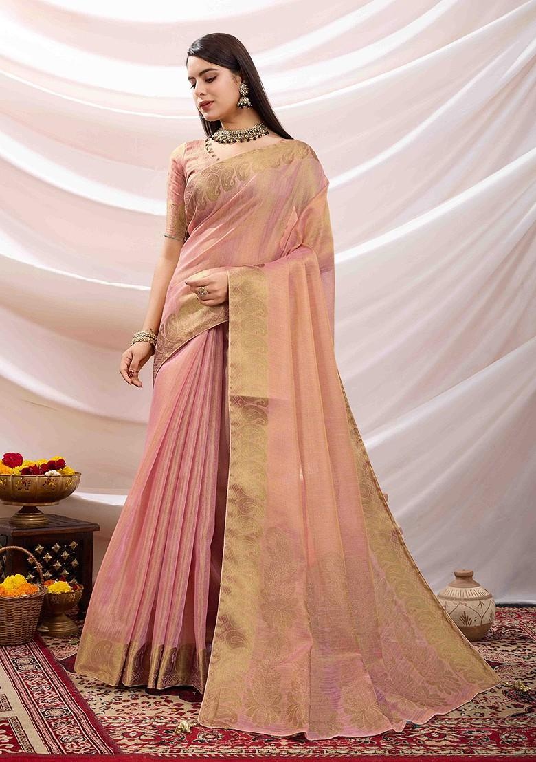 Pink Embroidered Poly Blend Sarees
