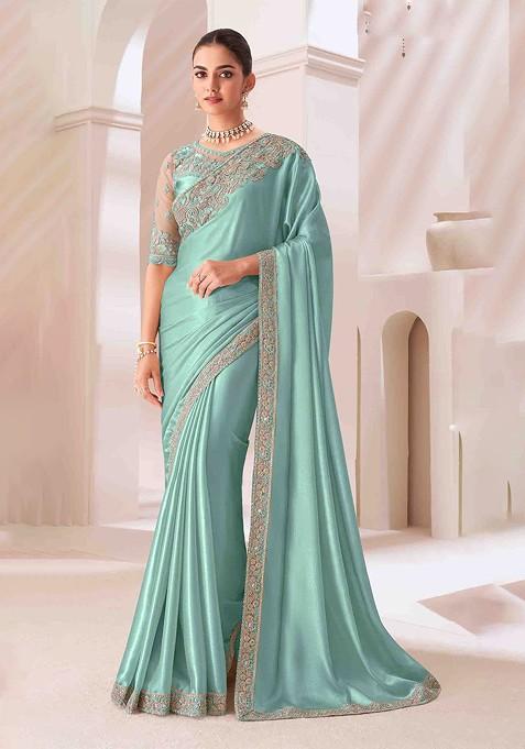 Green Embroidered Poly Blend Sarees