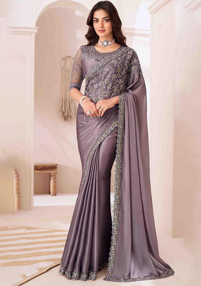 Grey Embroidered Poly Blend Sarees