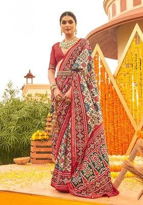 Red Embroidered Poly Blend Sarees