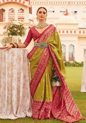 Olive Green Embroidered Poly Blend Sarees